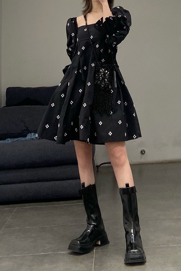 MING MA DR03-BKCN pleated puff sleeve dress